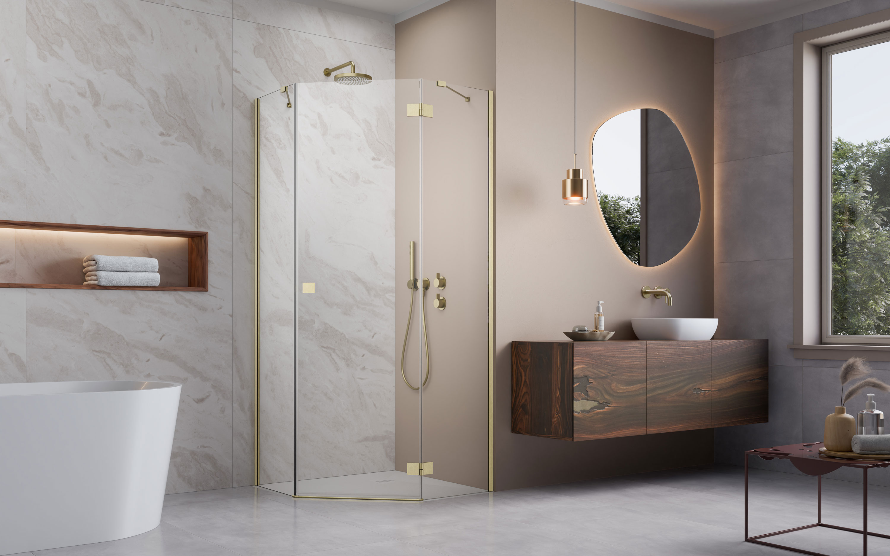 Essenza Brushed Gold ﻿PTJ ﻿szögletes ﻿szálcsiszolt arany zuhanykabin enteriőr (a képen jobbos zuhanykabin látható)
