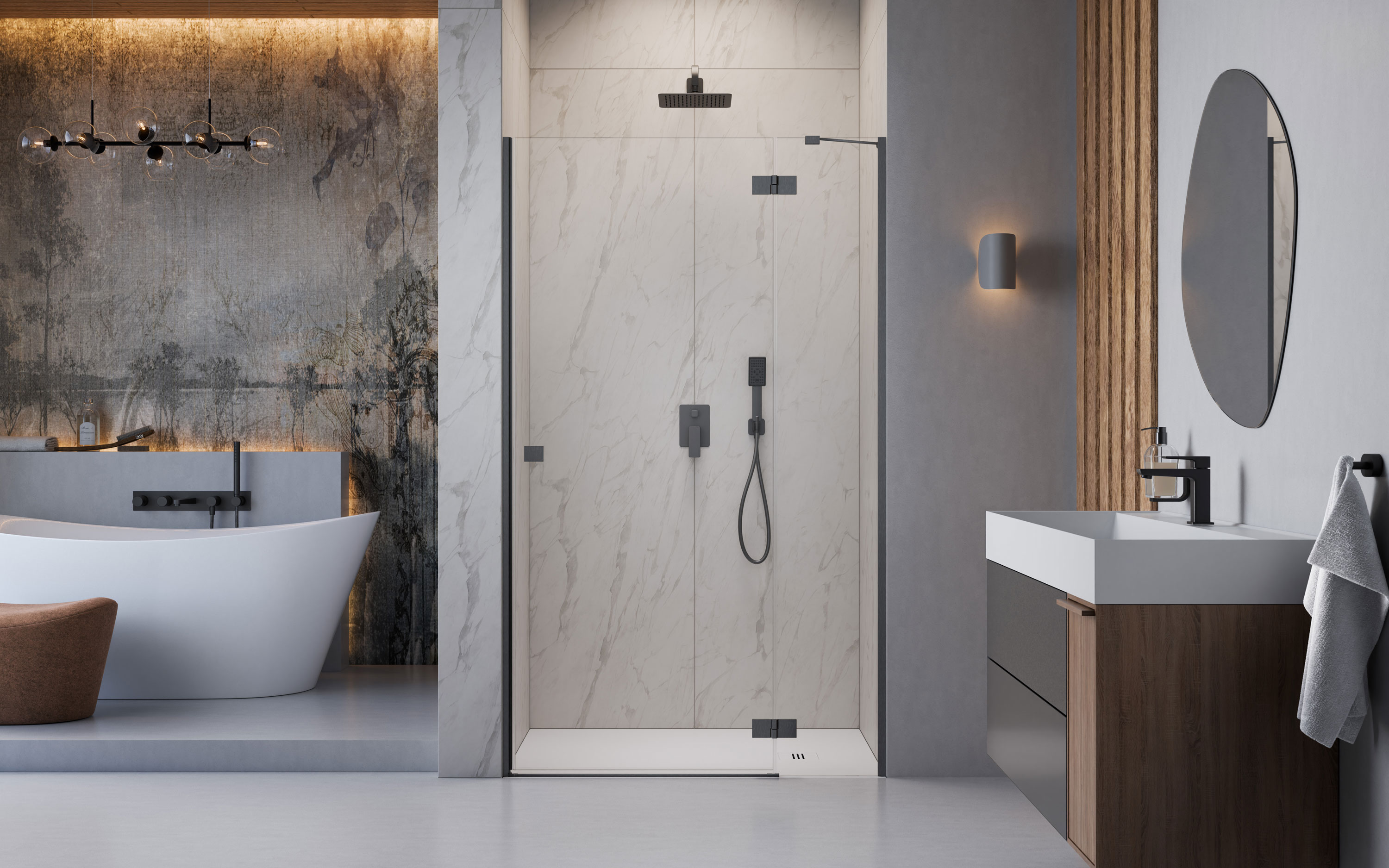 Essenza Brushed GunMetal ﻿DWJ ﻿szálcsiszolt fegyvermetál zuhanyajtó enteriőr (a képen jobbos zuhanyajtó látható)