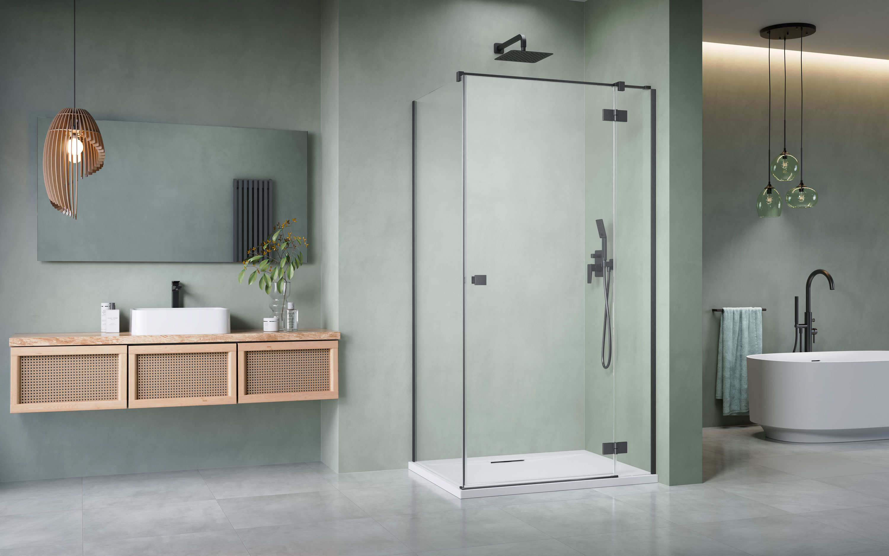 Essenza Brushed GunMetal ﻿KDJ szögletes ﻿szálcsiszolt fegyvermetál zuhanykabin enteriőr (a képen jobbos zuhanykabin látható)