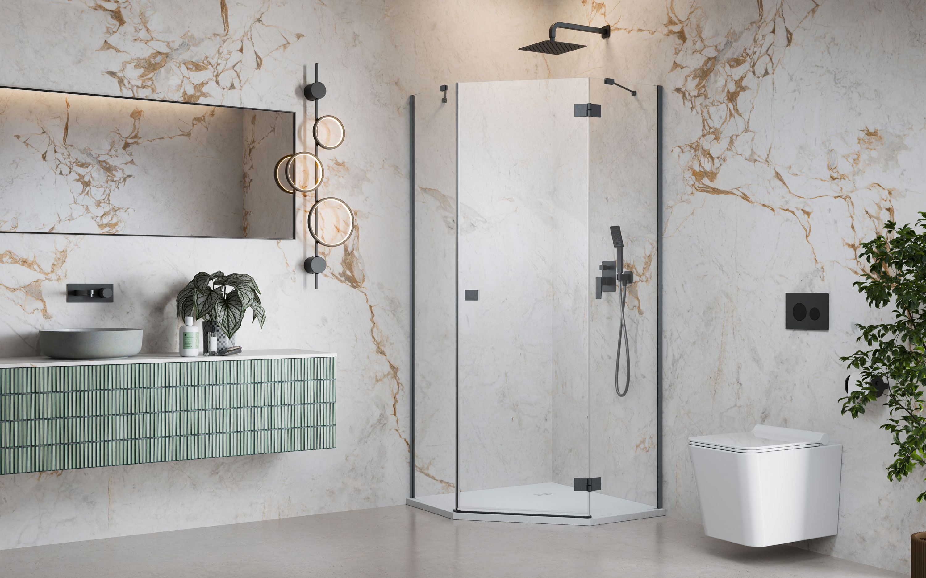 Essenza Brushed GunMetal ﻿PTJ ﻿szögletes ﻿szálcsiszolt fegyvermetál zuhanykabin enteriőr (a képen jobbos zuhanykabin látható)