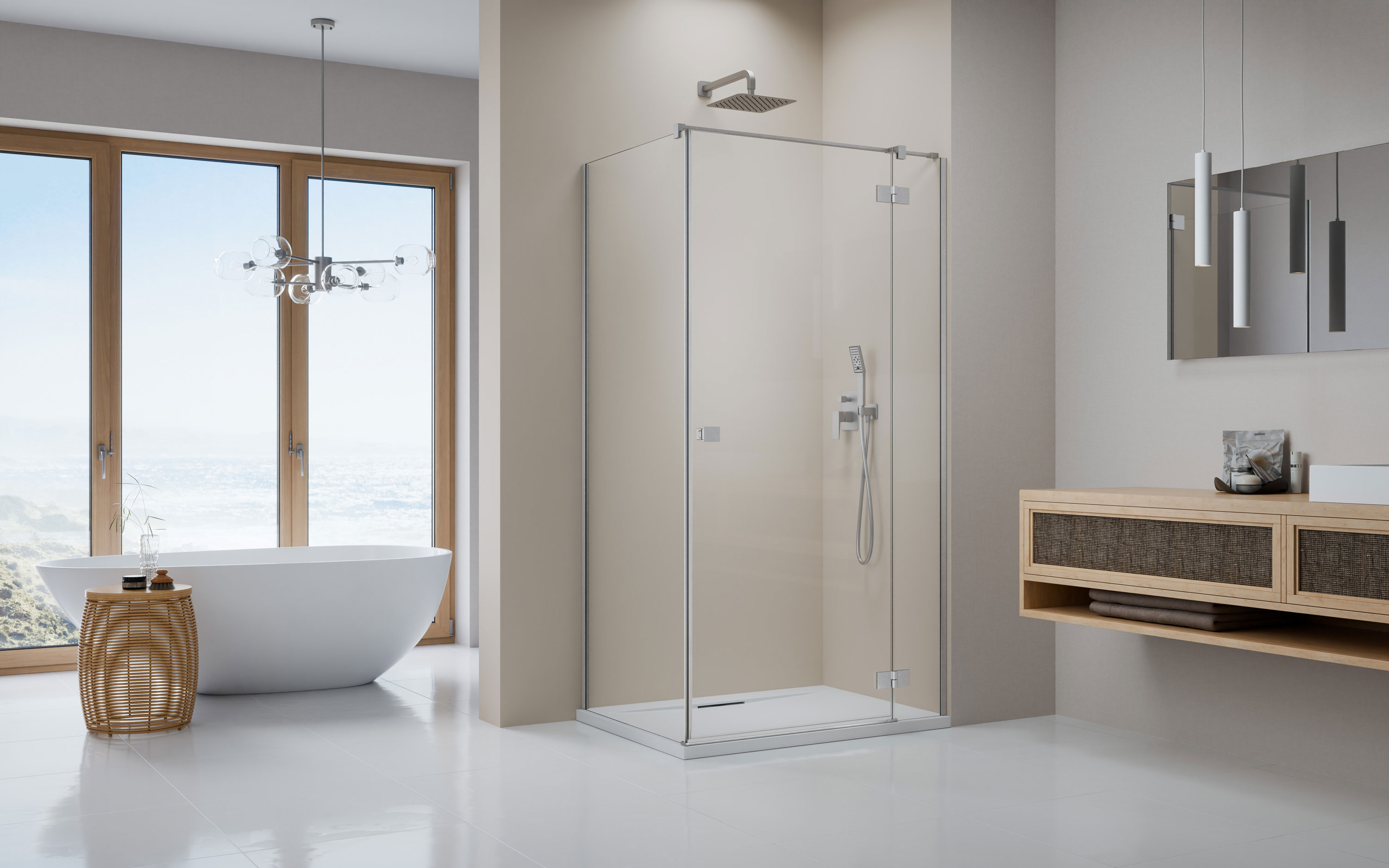 Essenza Brushed Nickel ﻿KDJ szögletes ﻿szálcsiszolt króm zuhanykabin enteriőr (a képen jobbos zuhanykabin látható)