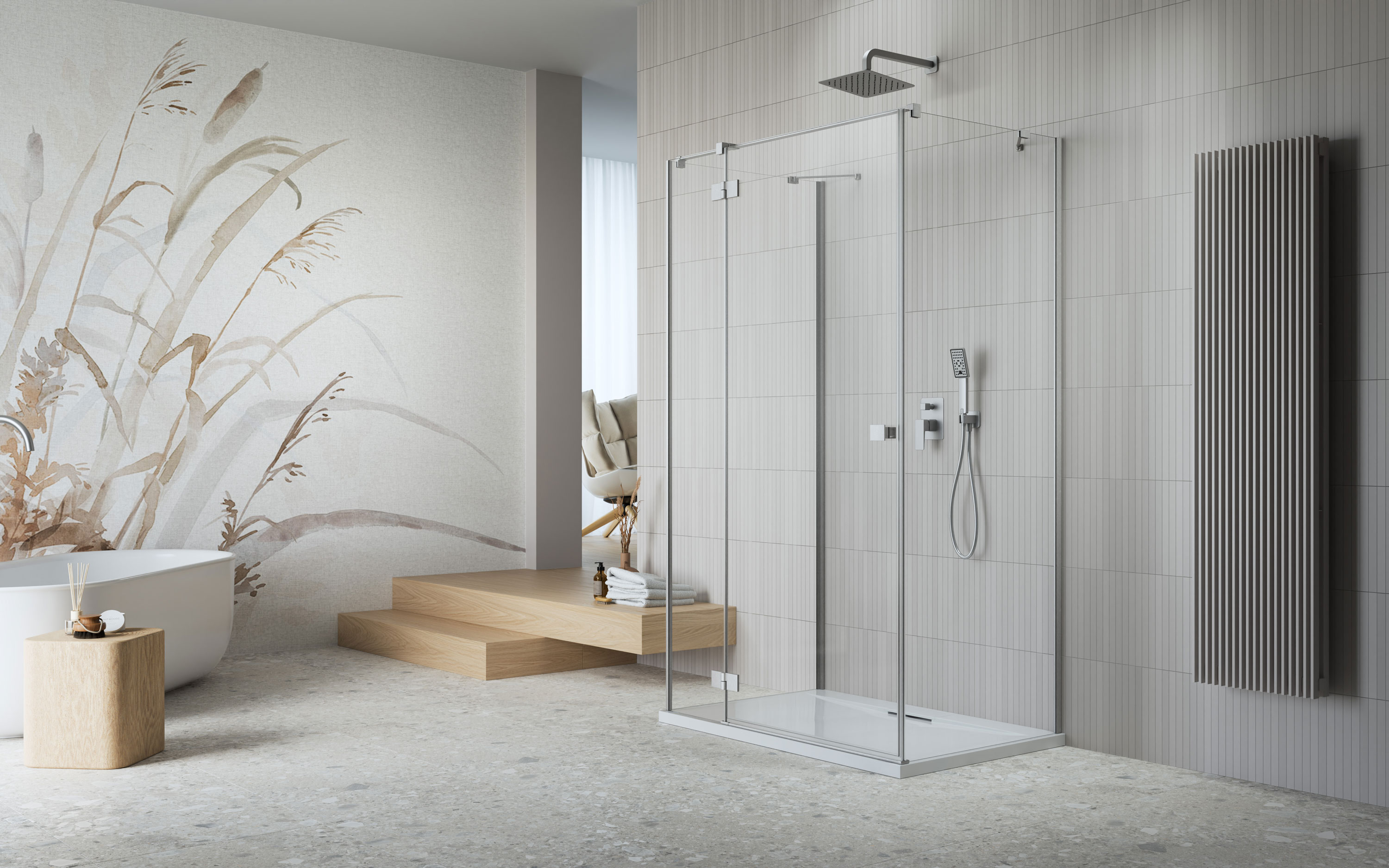 ﻿Essenza Brushed Nickel ﻿KDJ+S ﻿szögletes ﻿szálcsiszolt króm zuhanykabin enteriőr (a képen balos zuhanykabin látható)