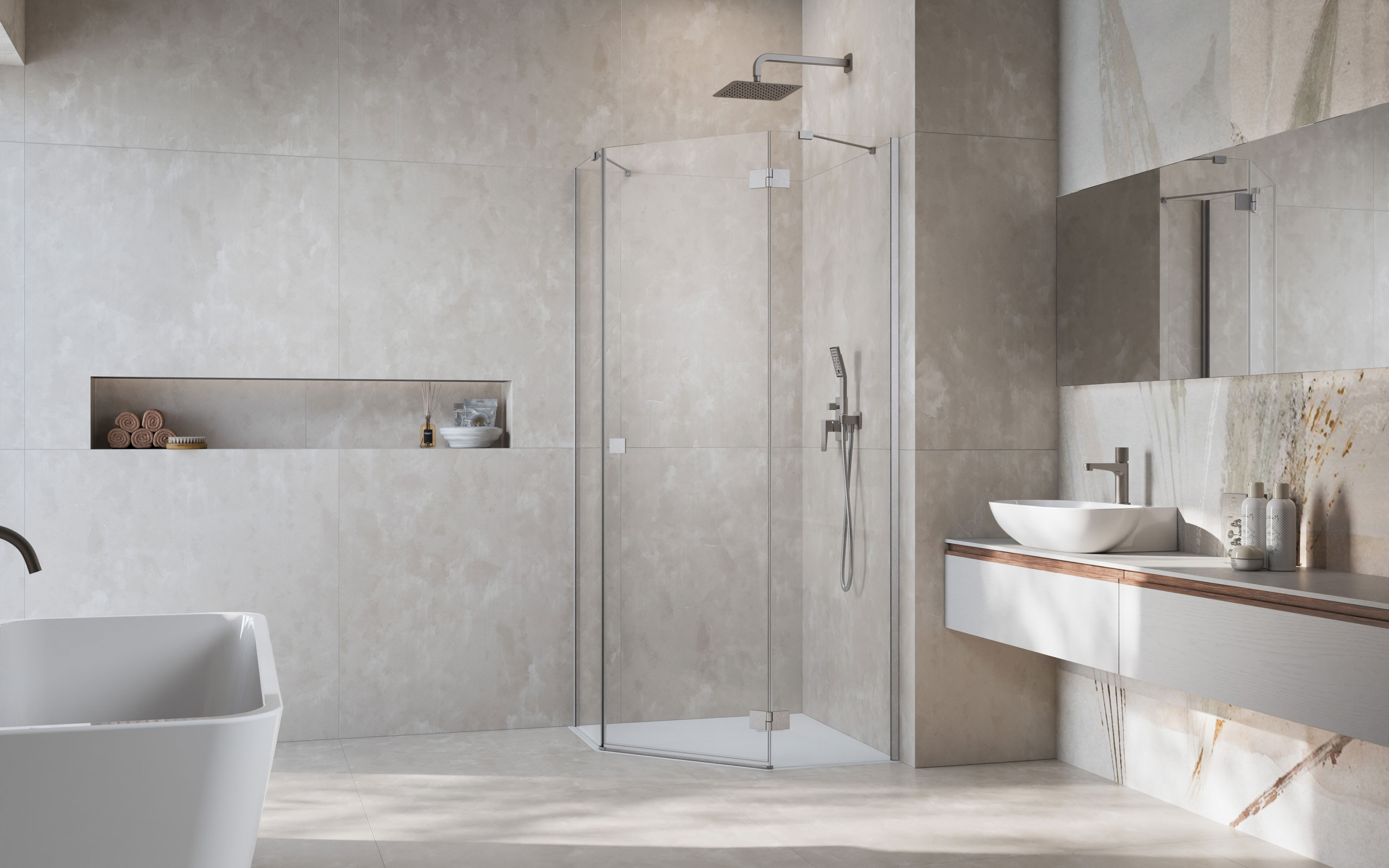 Essenza Brushed Nickel ﻿PTJ ﻿szögletes ﻿szálcsiszolt króm zuhanykabin enteriőr (a képen jobbos zuhanykabin látható)