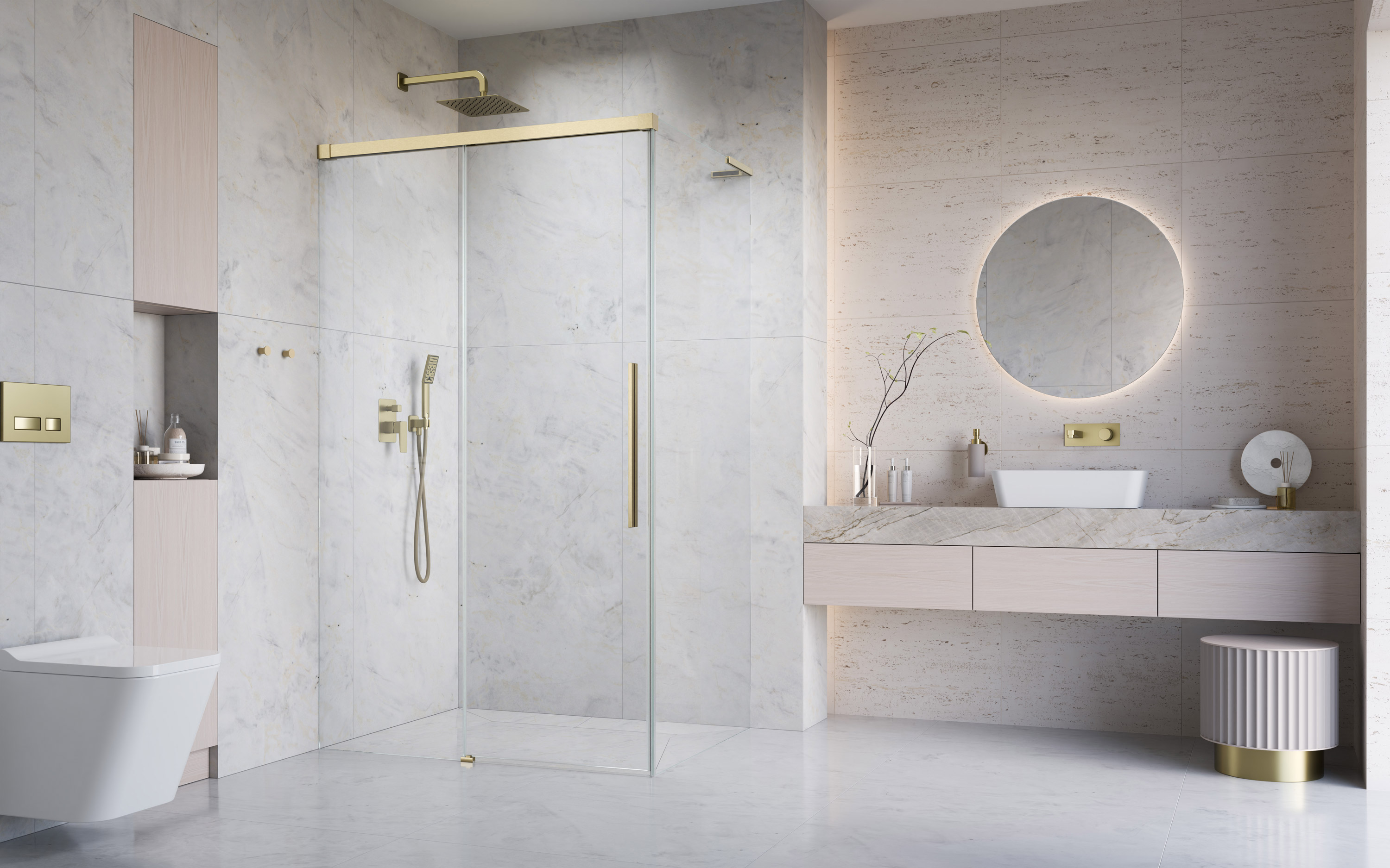 Idea 8 QL Brushed Gold KDJ szálcsiszolt arany zuhanykabin enteriőr (a képen balos zuhanykabin látható)
