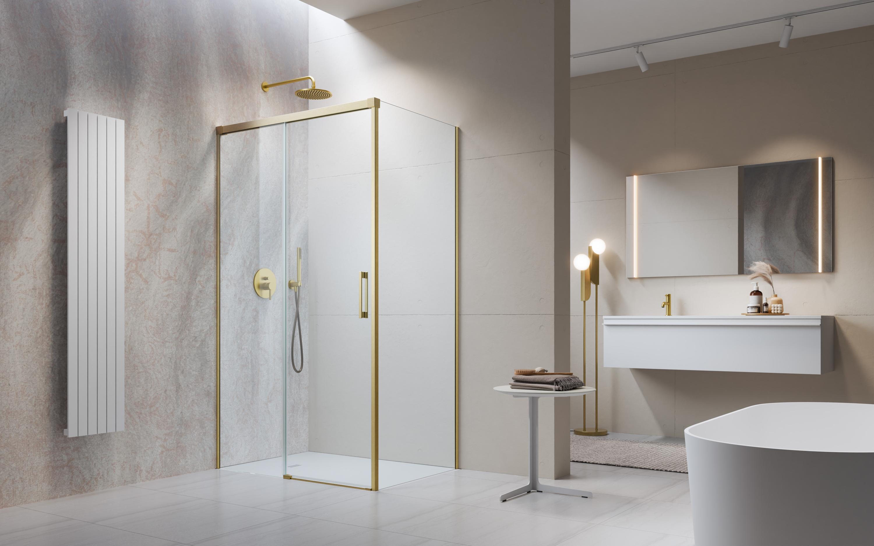 Idea Brushed Gold KDJ szálcsiszolt arany zuhanykabin enteriőr (a képen balos zuhanykabin látható)