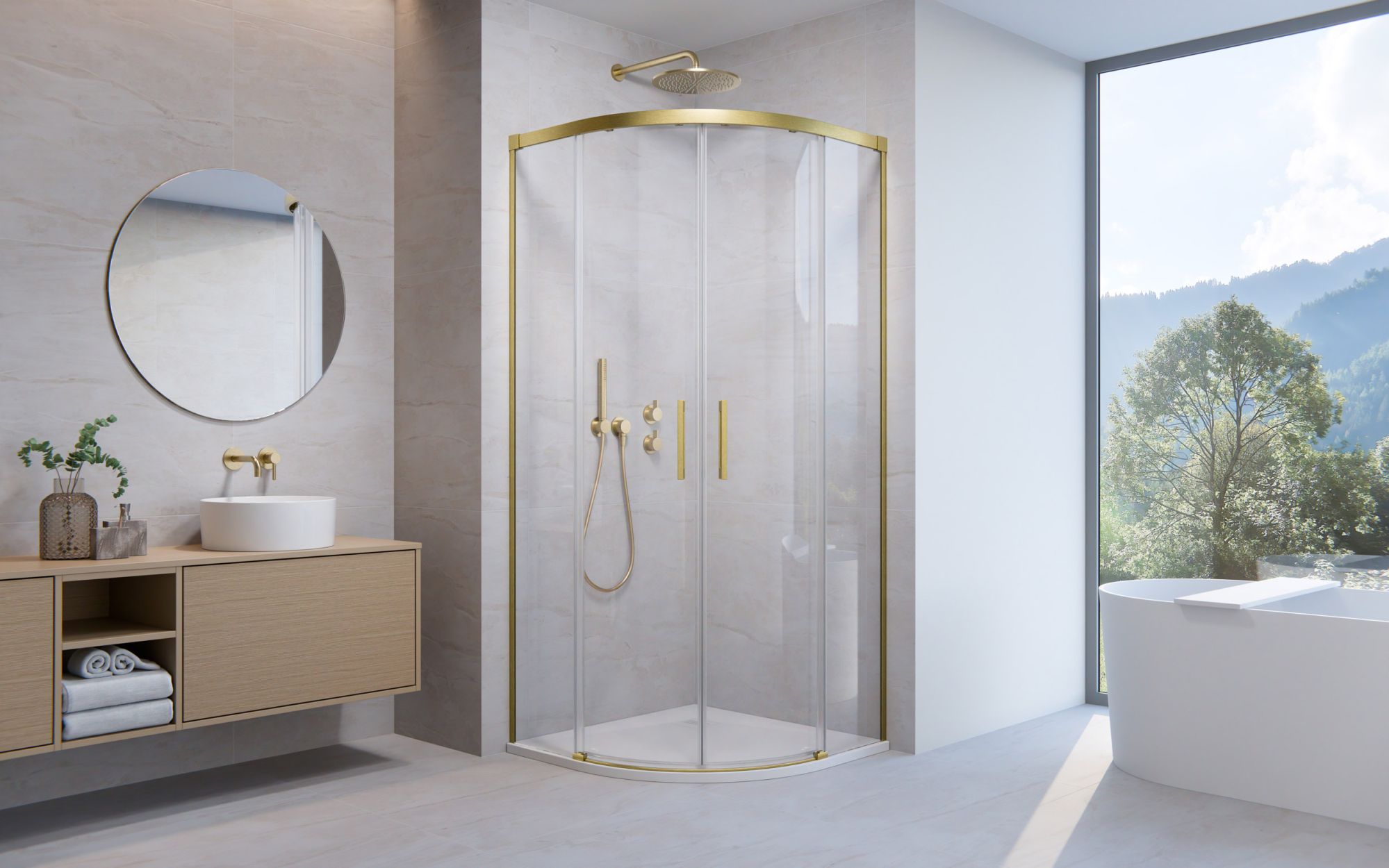 Idea Brushed Gold PDD íves szálcsiszolt arany zuhanykabin enteriőr