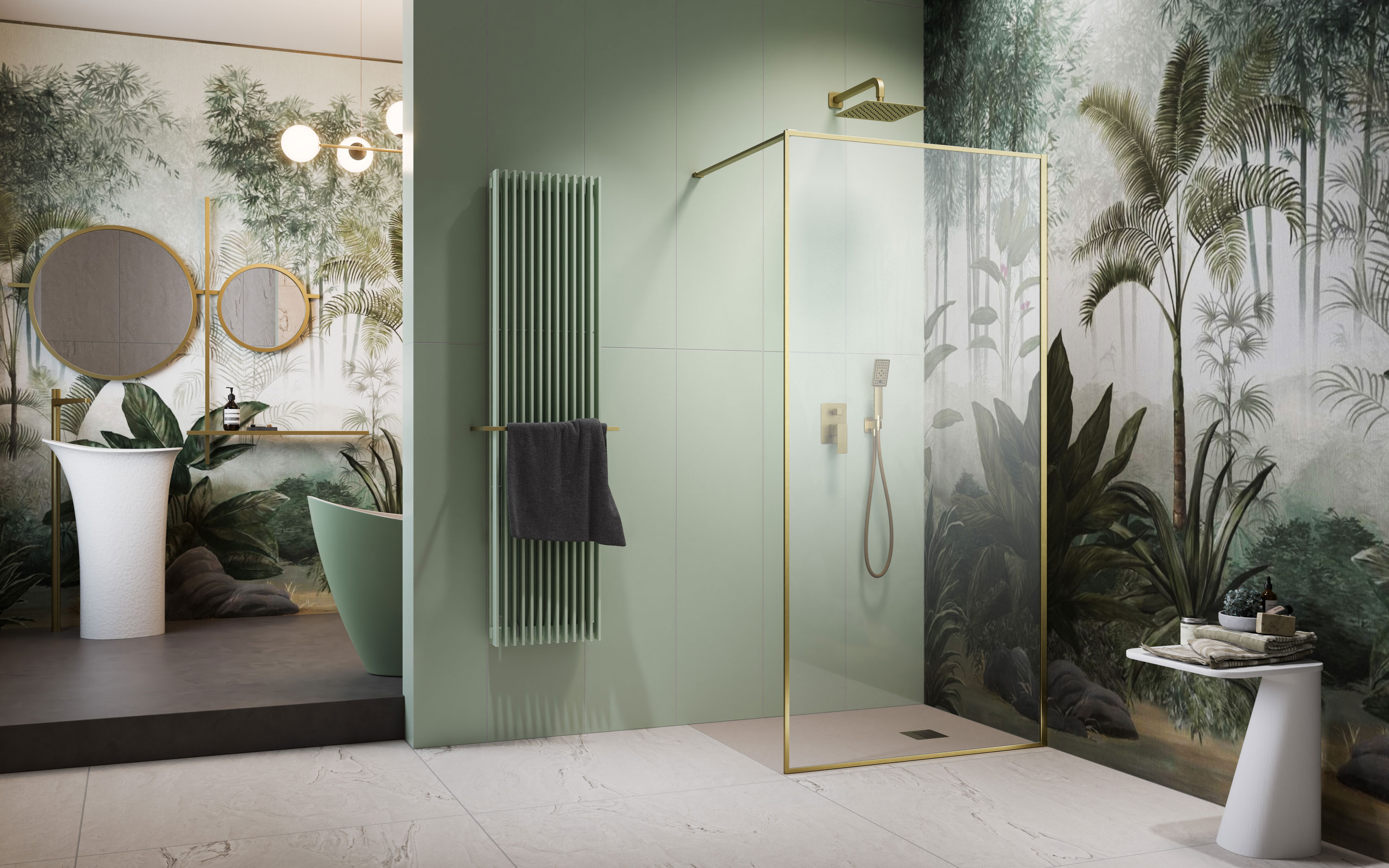 ﻿Modo F II Brushed Gold Walk-in szálcsiszolt arany zuhanyfal enteriőr (a képen jobbos zuhanyfal látható)