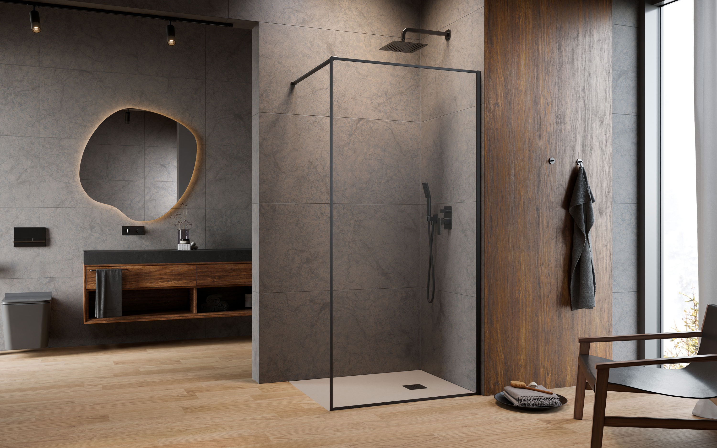 ﻿Modo F II Brushed GunMetal Walk-in szálcsiszolt fegyvermetál zuhanyfal enteriőr (a képen jobbos zuhanyfal látható)