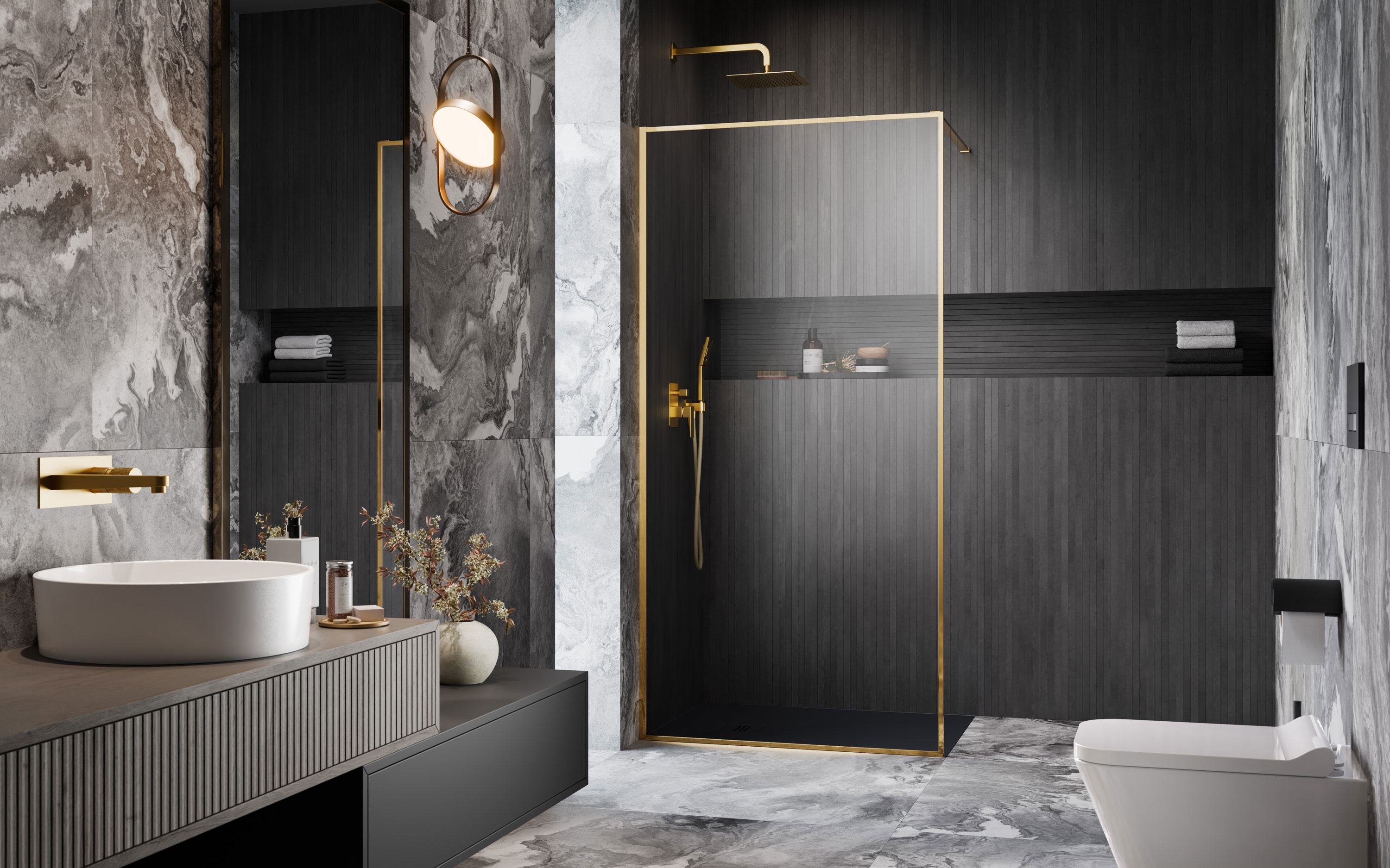 Modo F II Gold Walk-in arany zuhanyfal﻿﻿﻿﻿ enteriőr (a képen balos zuhanyfal látható)