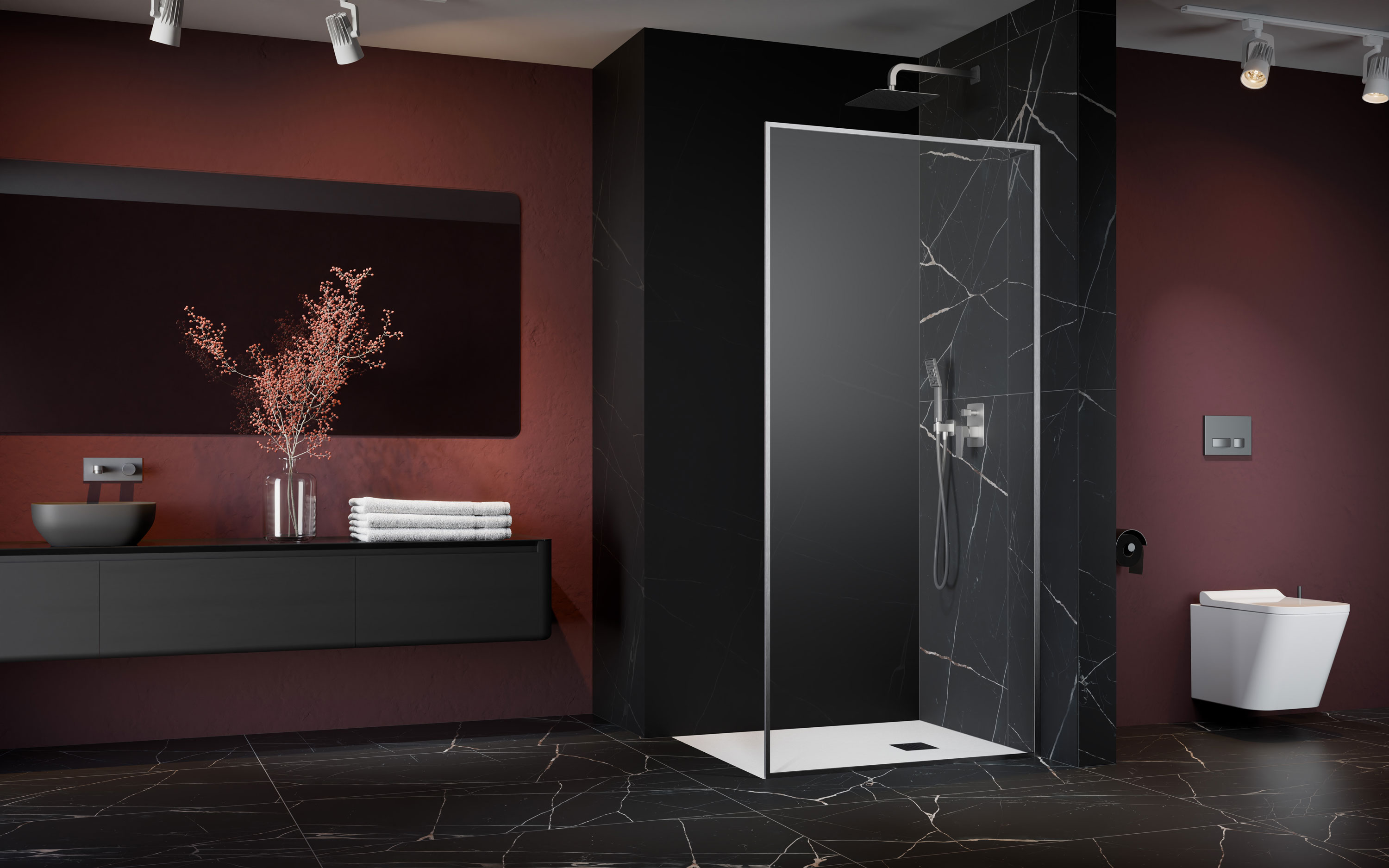 ﻿Modo F SL II Brushed Nickel Walk-in szálcsiszolt króm zuhanyfal enteriőr (a képen jobbos zuhanyfal látható)