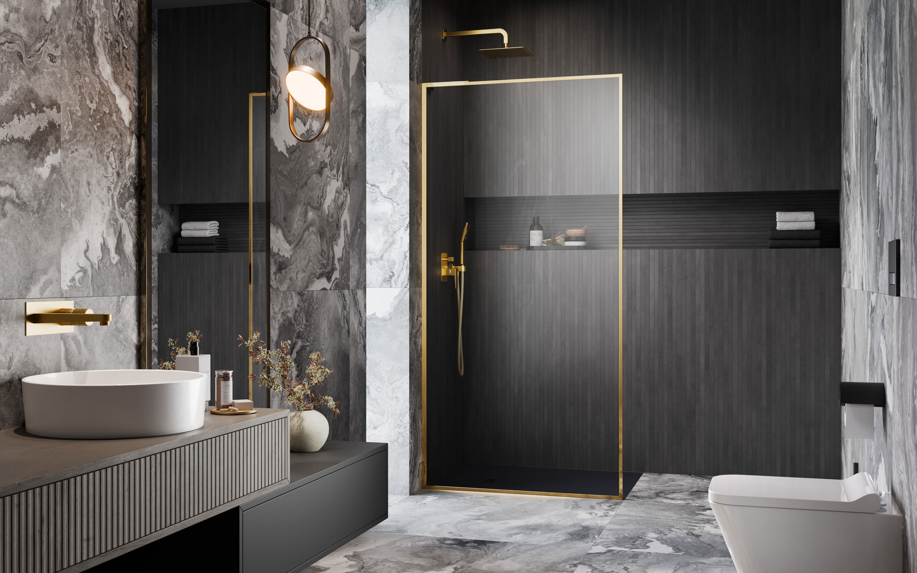 Modo F SL II Gold Walk-in arany zuhanyfal﻿﻿﻿﻿ enteriőr (a képen balos zuhanyfal látható)