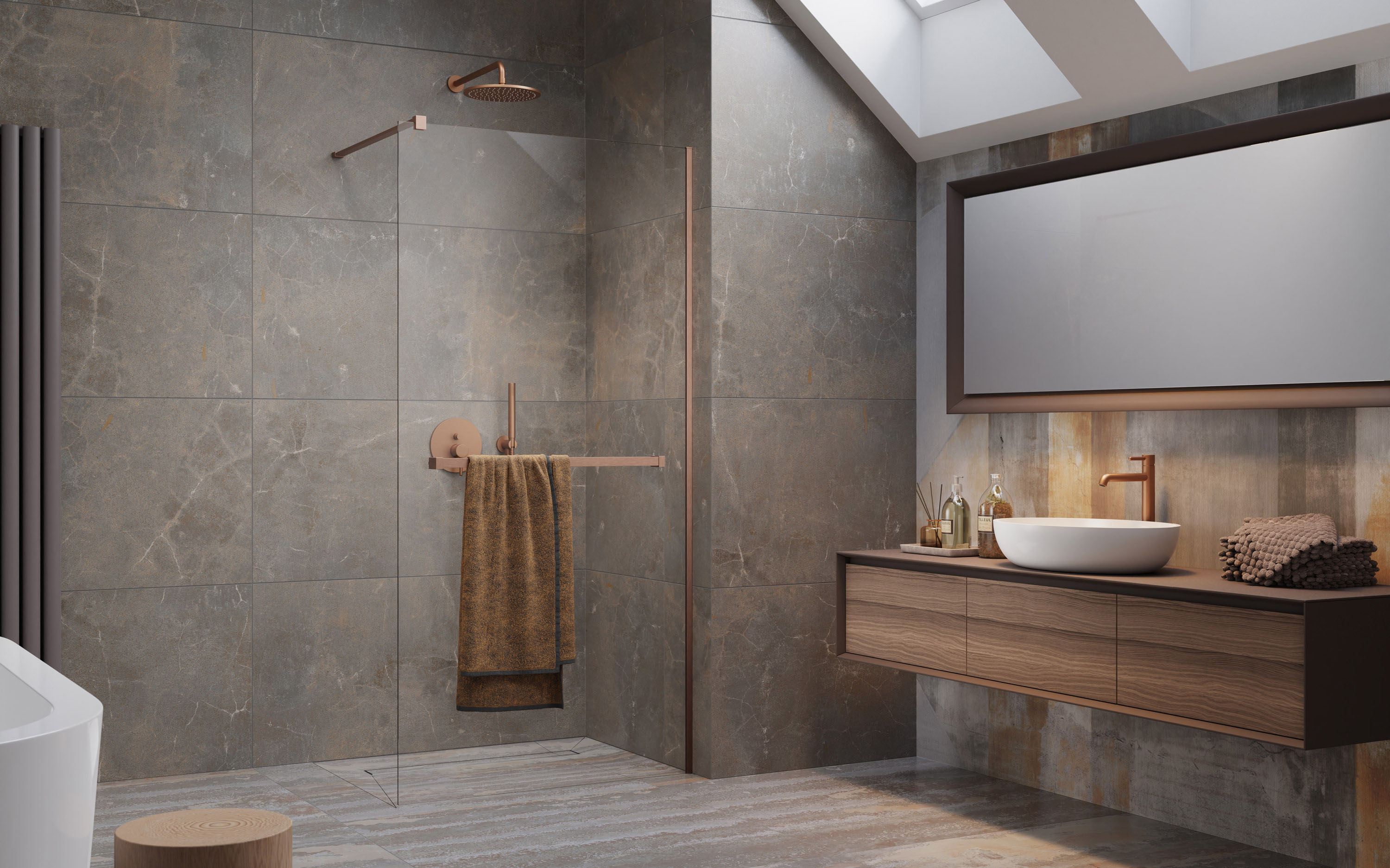 Modo New Brushed Copper II Walk-in szálcsiszolt réz zuhanyfal törölközőtartóval enteriőr