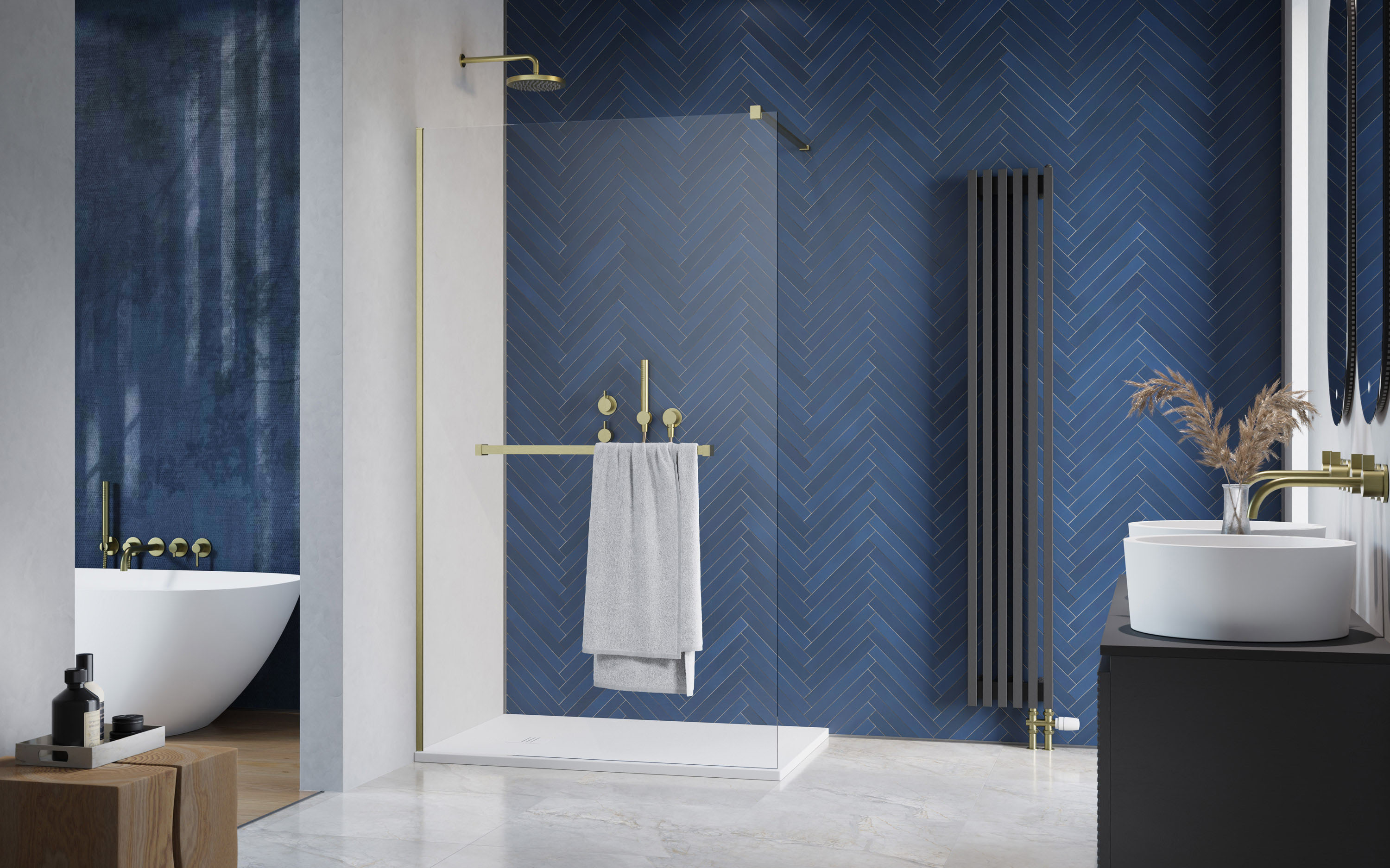 Modo New Brushed Gold II Walk-in szálcsiszolt arany zuhanyfal törölközőtartóval enteriőr (a képen balos zuhanyfal látható)