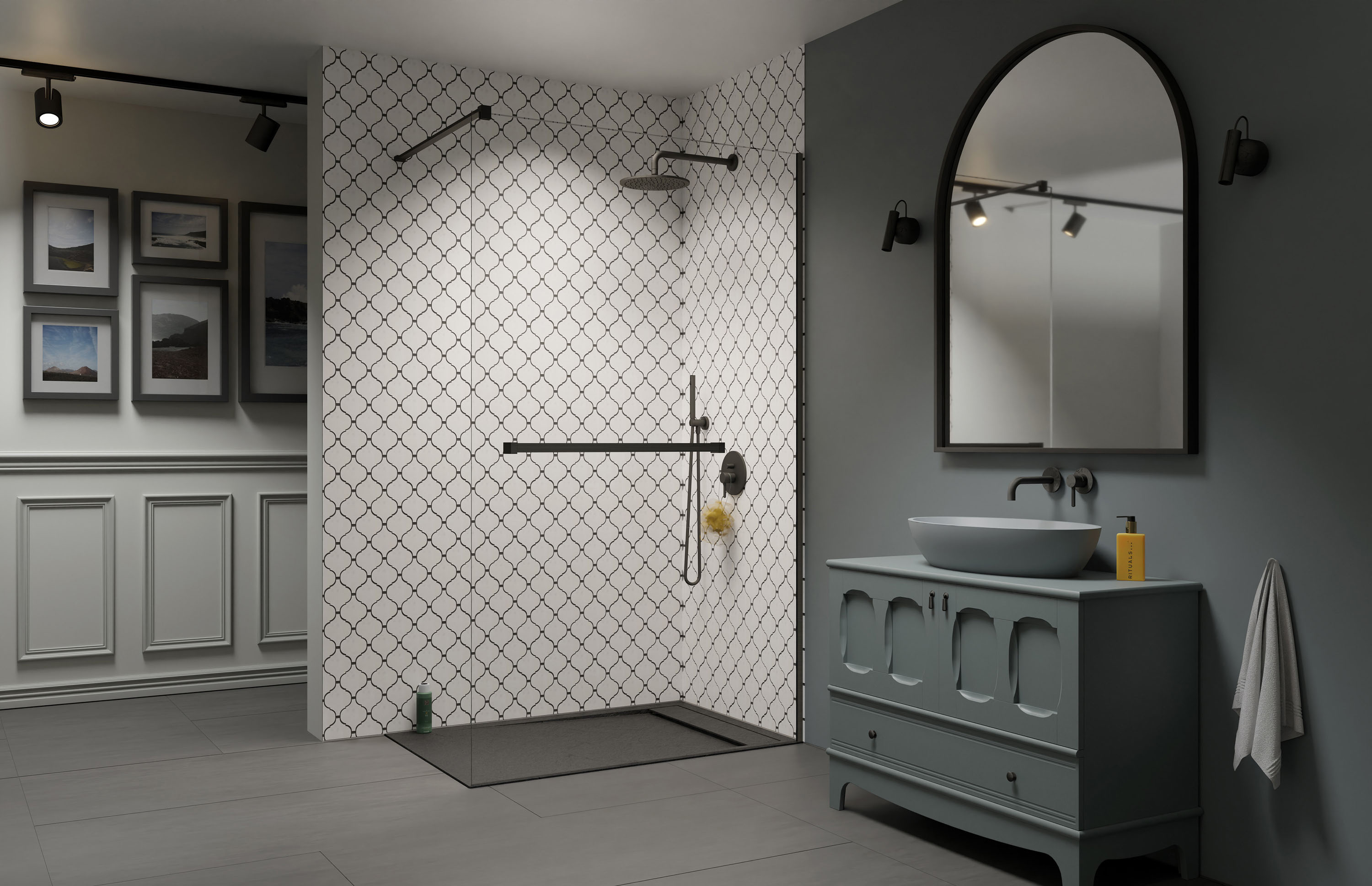 Modo New Brushed Gunmetal II Walk-in szálcsiszolt fegyvermetál zuhanyfal törölközőtartóval enteriőr