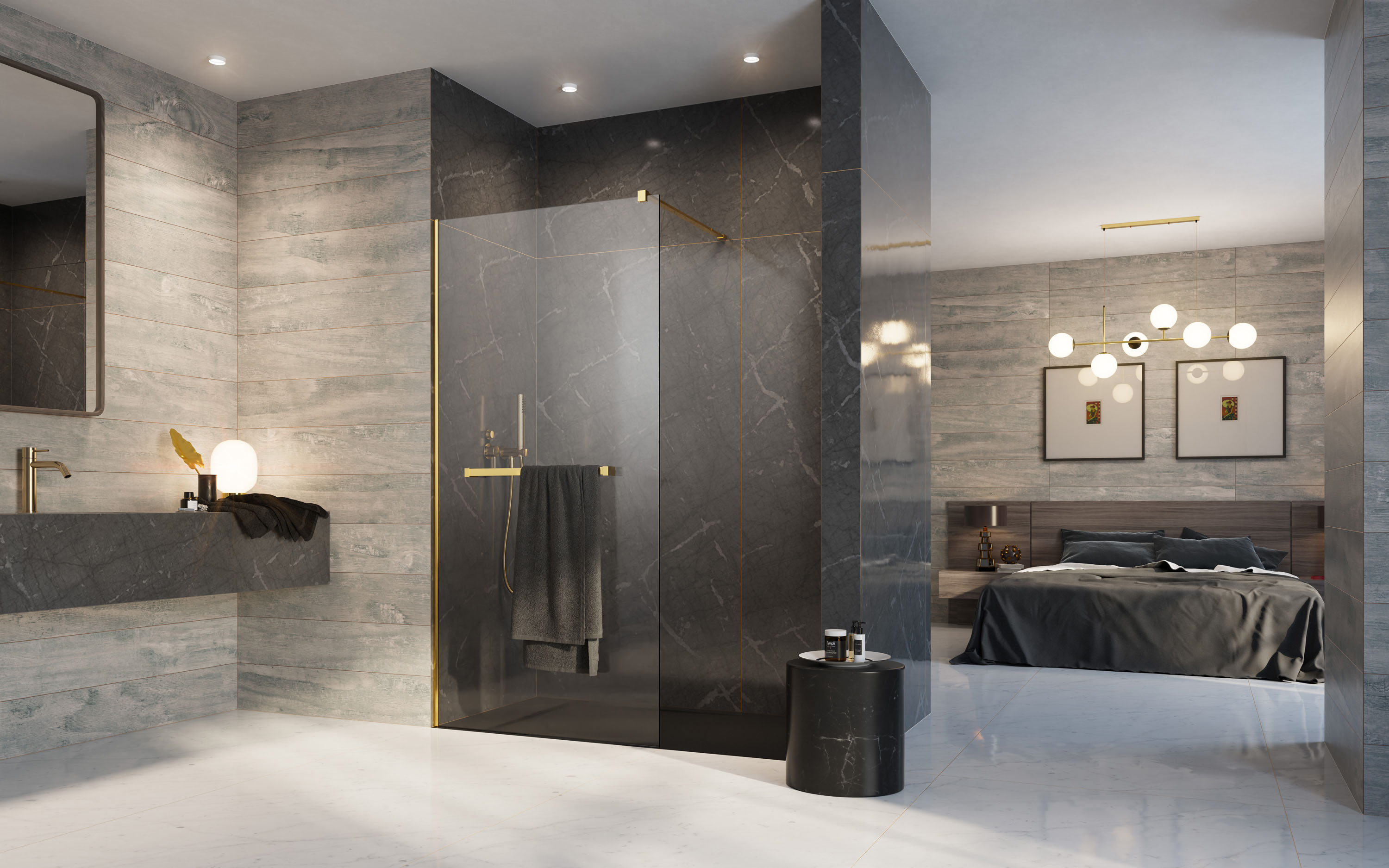 Modo New Gold II Walk-in arany zuhanyfal törölközőtartóval enteriőr