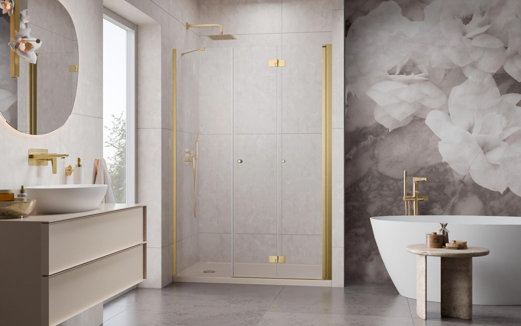 Nes Brushed Gold DWS B szálcsiszolt arany zuhanyajtó enteriőr (a képen jobbos zuhanyajtó látható)
