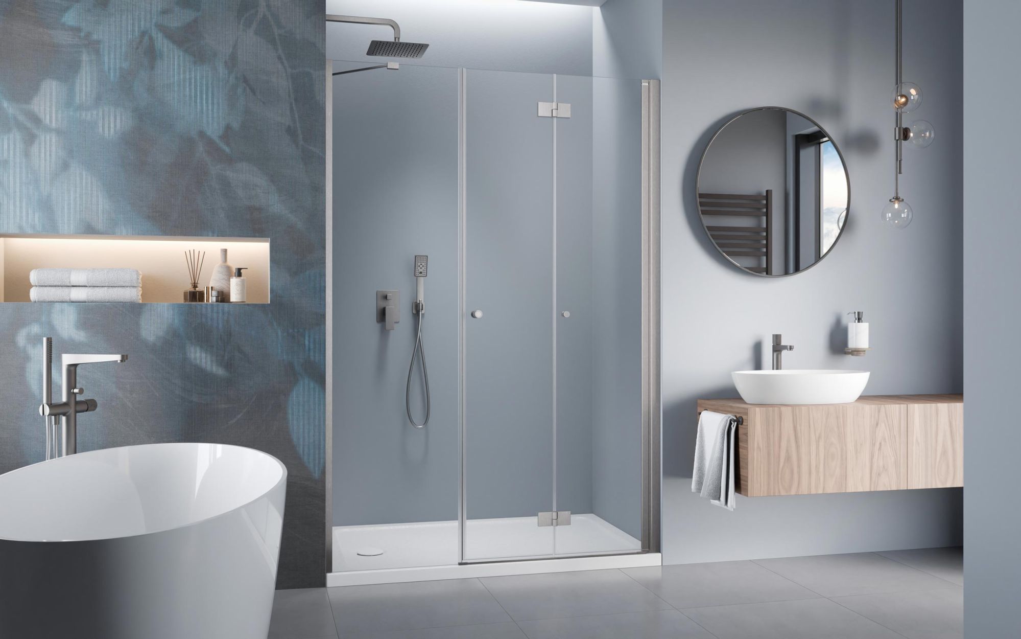 Nes Brushed Nickel DWS B szálcsiszolt króm zuhanyajtó enteriőr (a képen jobbos zuhanyajtó látható)