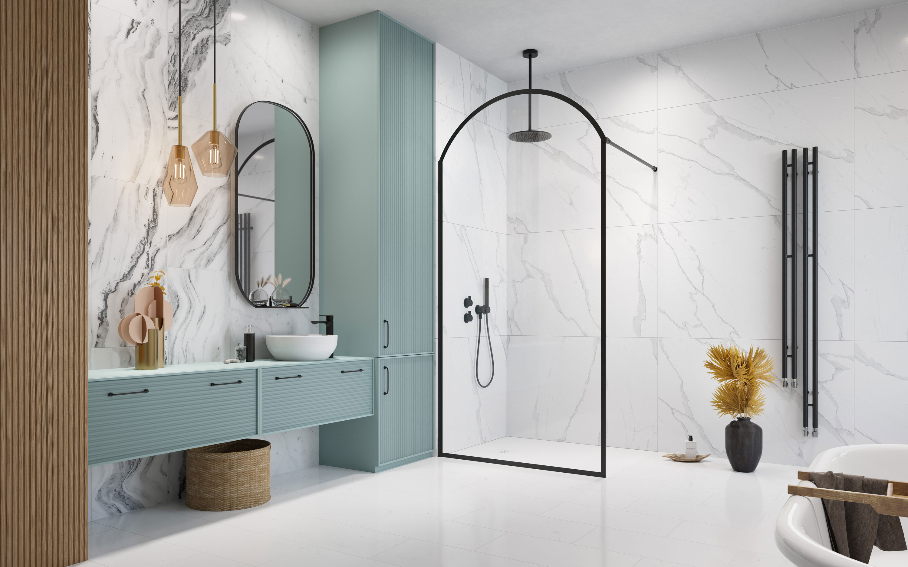 Volta Black II Frame fekete Walk-in zuhanyfal enteriőr (a képen balos zuhanyfal látható)