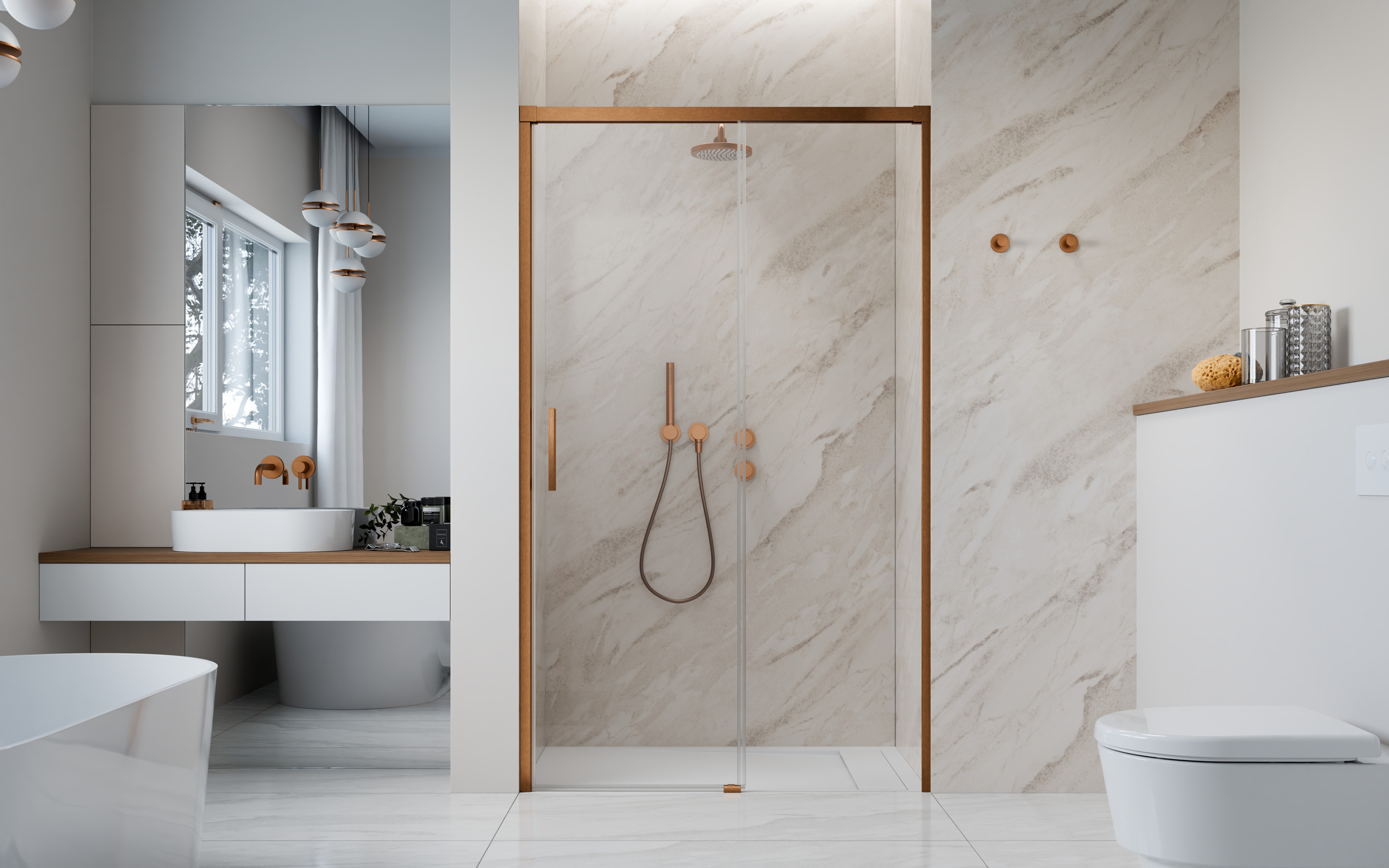 Idea Brushed Copper DWJ szálcsiszolt réz zuhanyajtó enteriőr (a képen jobbos zuhanyajtó látható)