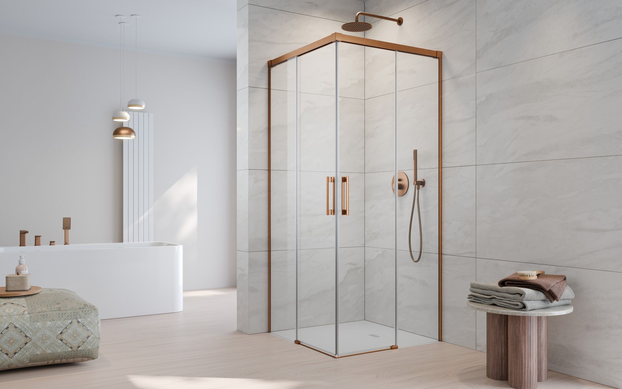 Idea Brushed Copper KDD szögletes szálcsiszolt réz zuhanykabin enteriőr