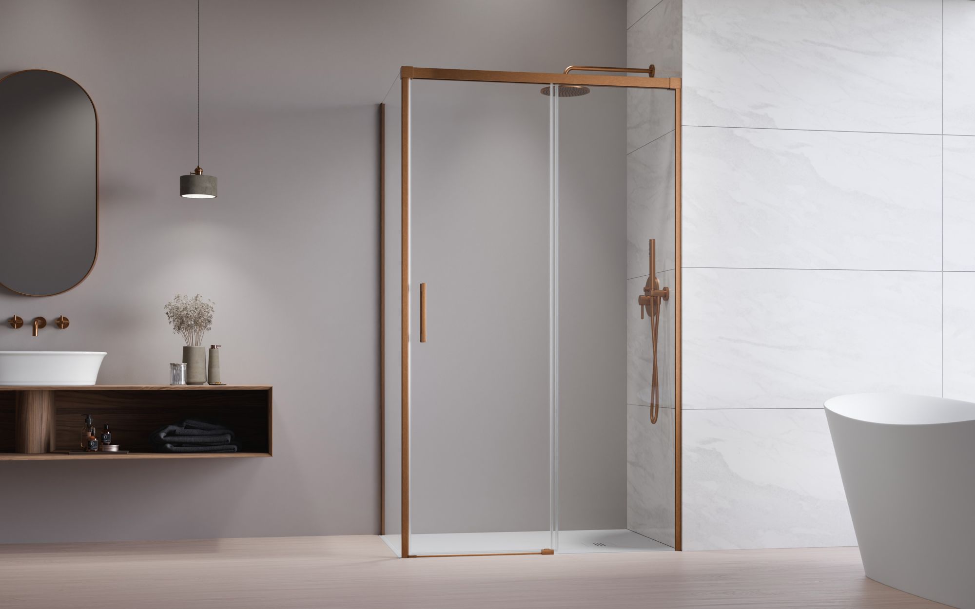 Idea Brushed Copper KDJ szögletes szálcsiszolt réz zuhanykabin enteriőr (a képen jobbos zuhanykabin látható)