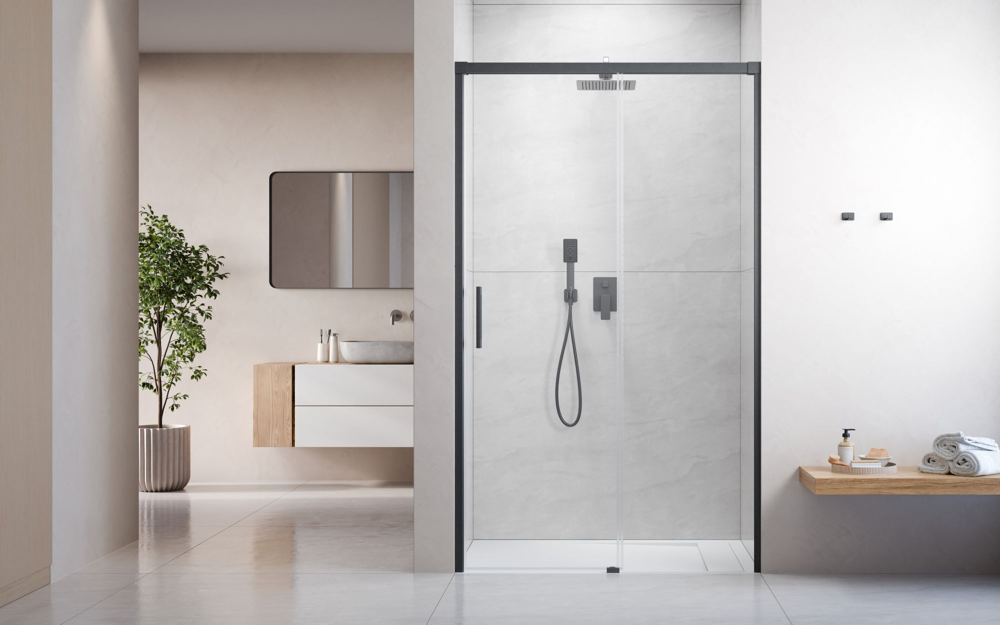 Idea Brushed GunMetal DWJ szögletes szálcsiszolt fegyvermetál zuhanyajtó enteriőr (a képen jobbos zuhanyajtó látható)